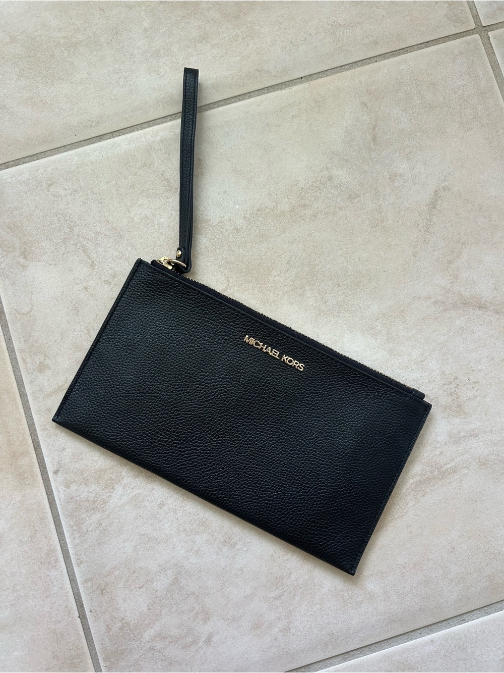 Michael Kors Black Pebbled Leather Wristlet Clutch with Gold Logo